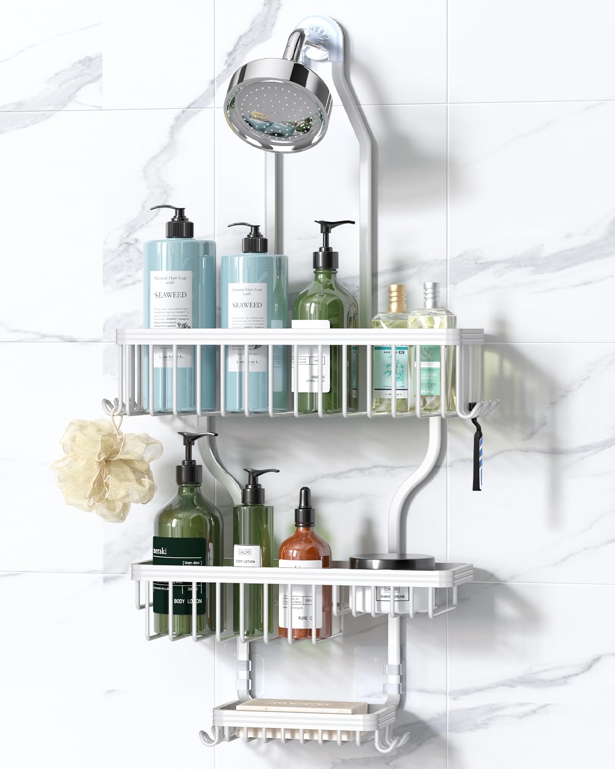 Aluminum Hanging Shower Caddy with Hooks and Soap Holder