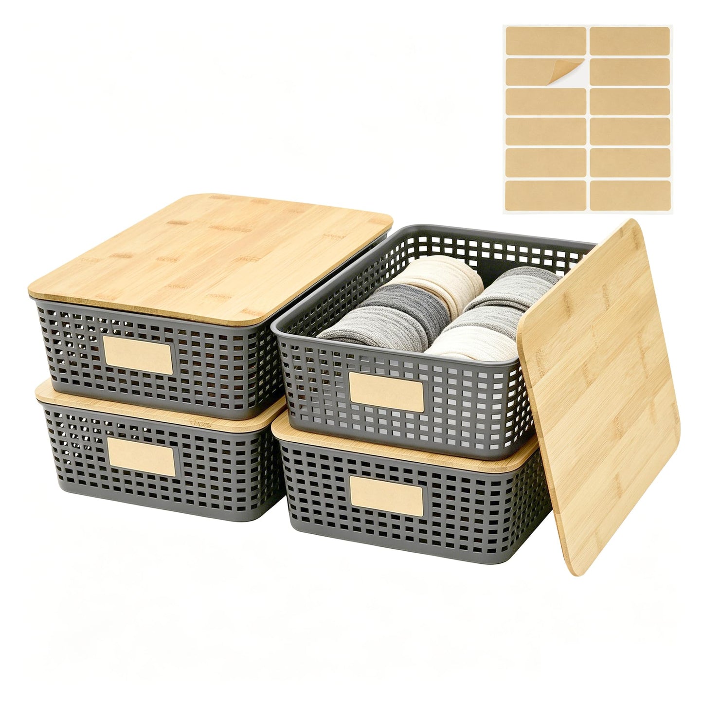 Plastic Storage Bins with Bamboo Lids, Stackable Organizer Boxes