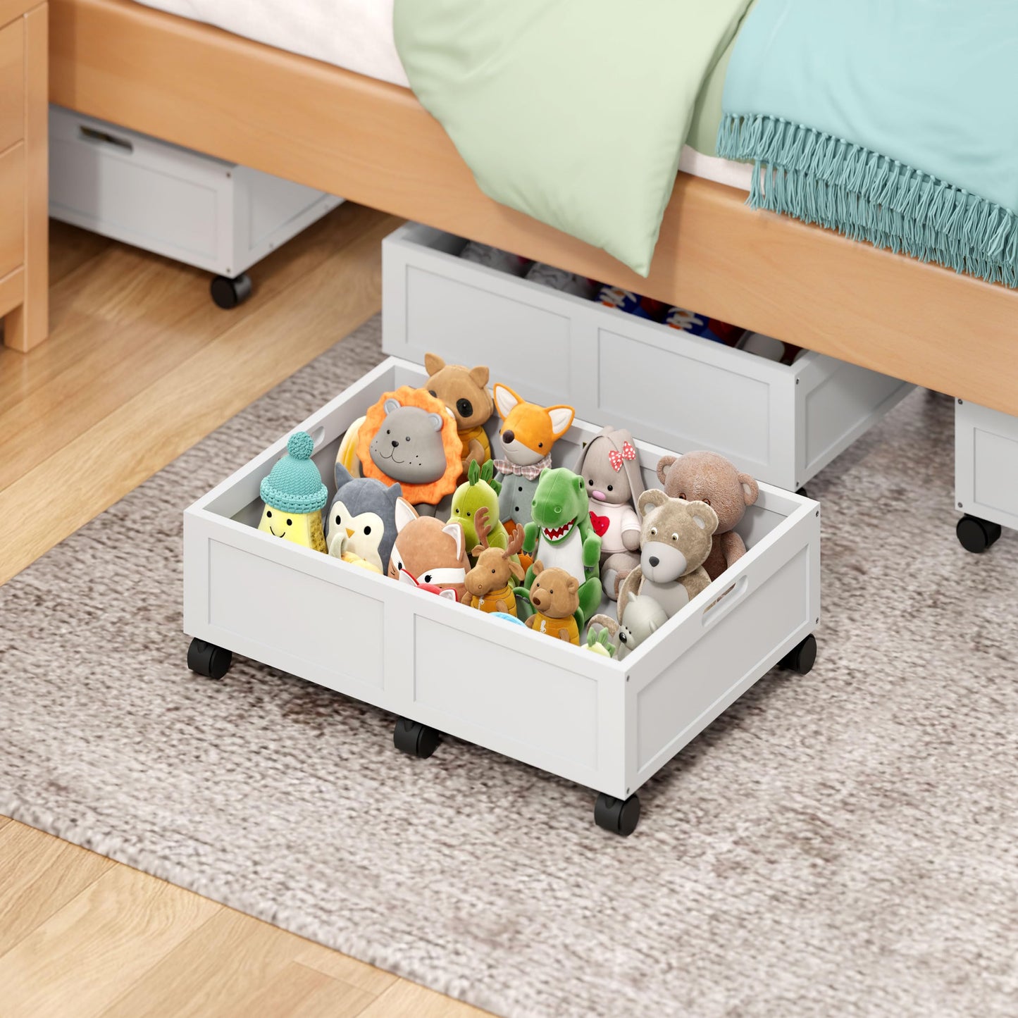 Wood Under Bed Storage Containers with Wheels, Rolling Shoe Organizer