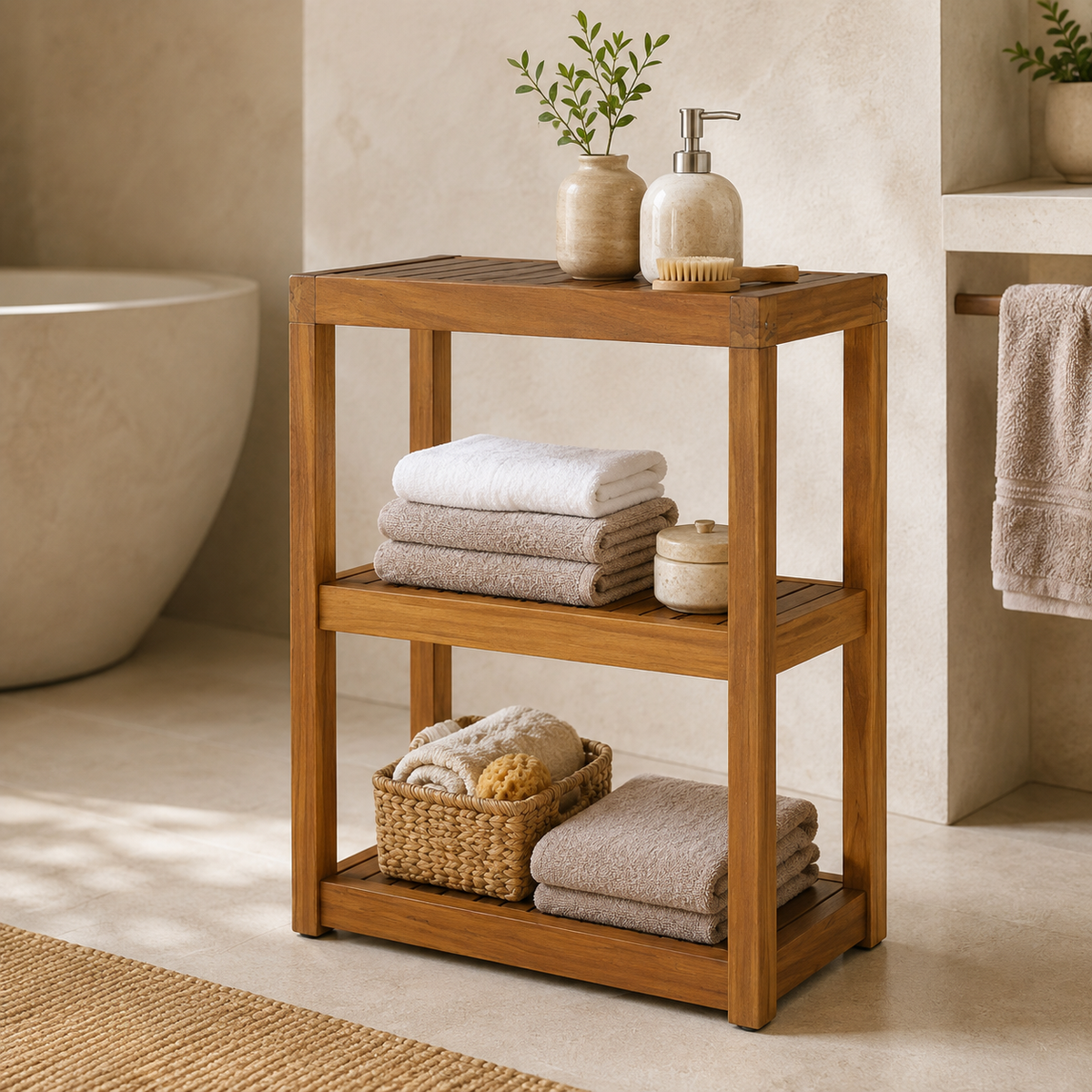 Teak Shower Stand with 3 Tier Shelf, Bathroom Organizer Rack