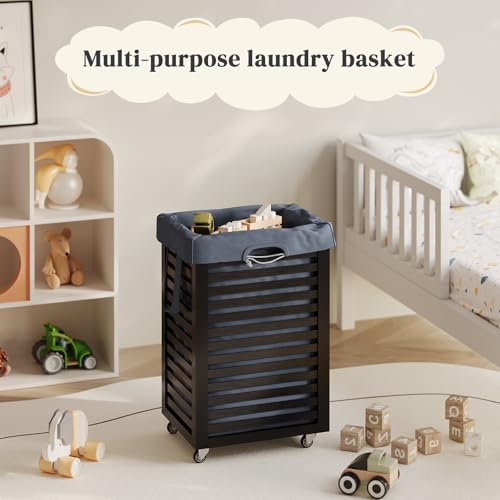 Bamboo Laundry Hamper with Wheels, Removable Liner Basket