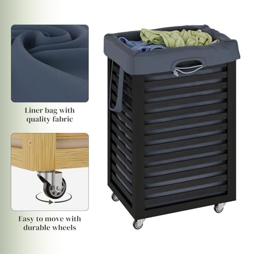 Bamboo Laundry Hamper with Wheels, Removable Liner Basket