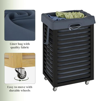 Bamboo Laundry Hamper with Wheels, Removable Liner Basket