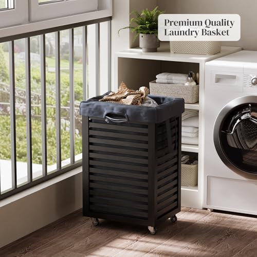 Bamboo Laundry Hamper with Wheels, Removable Liner Basket