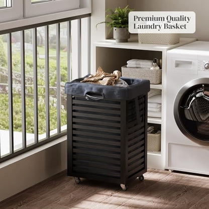 Bamboo Laundry Hamper with Wheels, Removable Liner Basket
