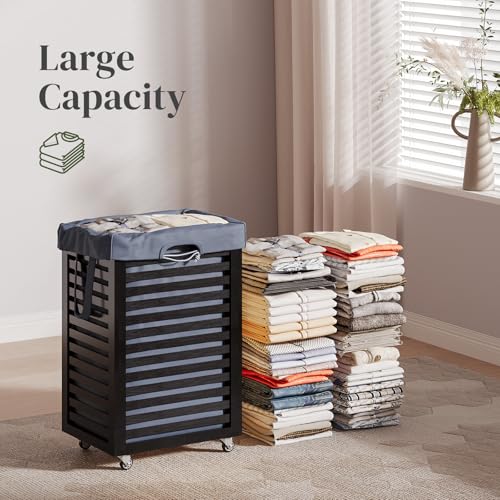 Bamboo Laundry Hamper with Wheels, Removable Liner Basket