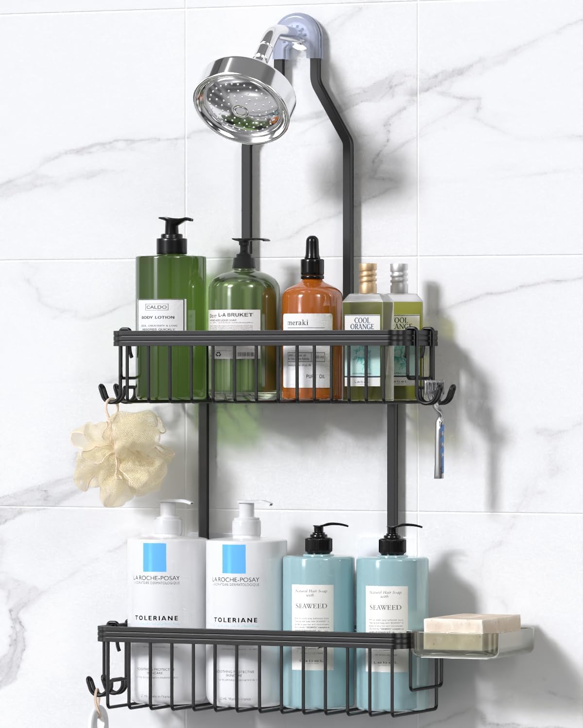 Aluminum Hanging Shower Caddy with Hooks and Soap Holder