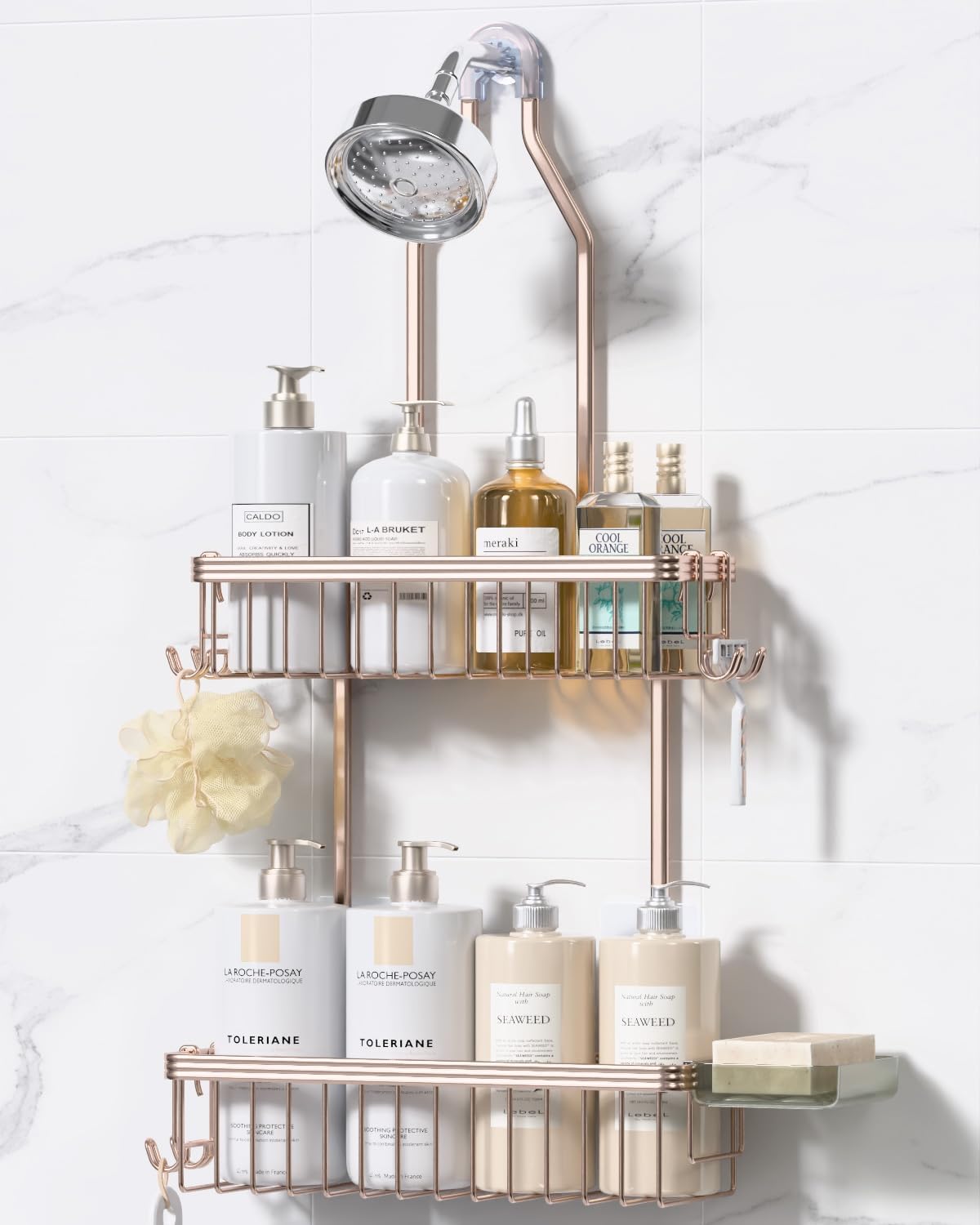 Aluminum Hanging Shower Caddy with Hooks and Soap Holder
