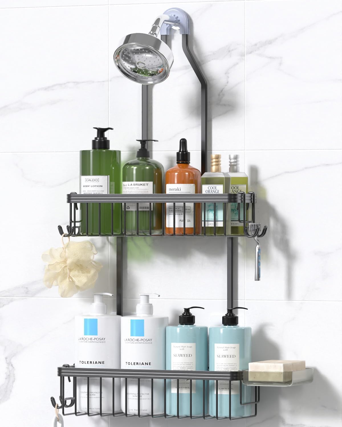Aluminum Hanging Shower Caddy with Hooks and Soap Holder