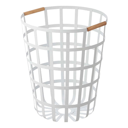 Round Laundry Basket with Steel Frame and Wood Handle