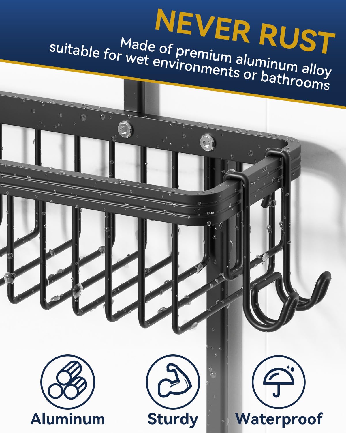 Aluminum Hanging Shower Caddy with Hooks and Soap Holder