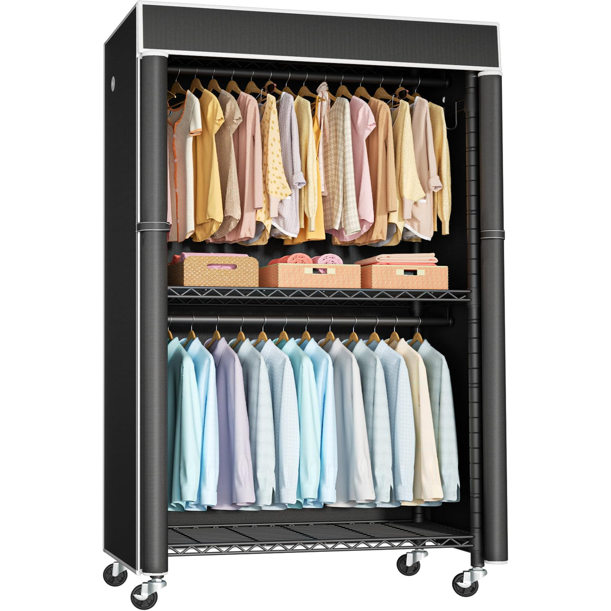 Rolling Garment Rack with Cover, Portable Clothing Storage Wardrobe