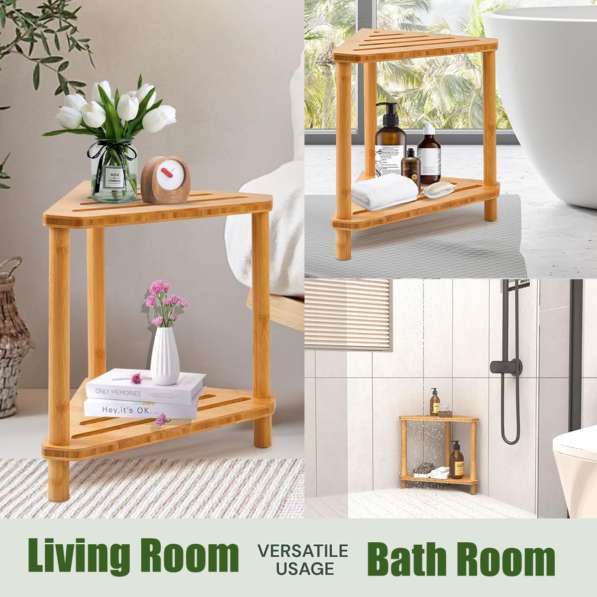 Bamboo Corner Shower Stool with Storage Shelf, 2 Tier Bench