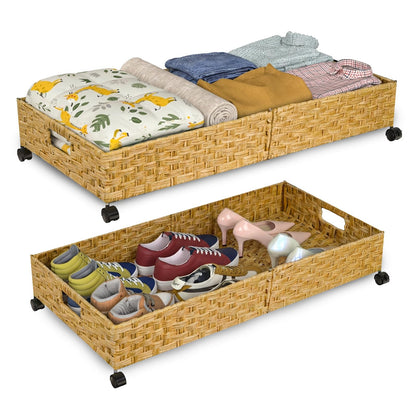 Gvztxoe Handwoven Rattan Underbed Storage with Wheels