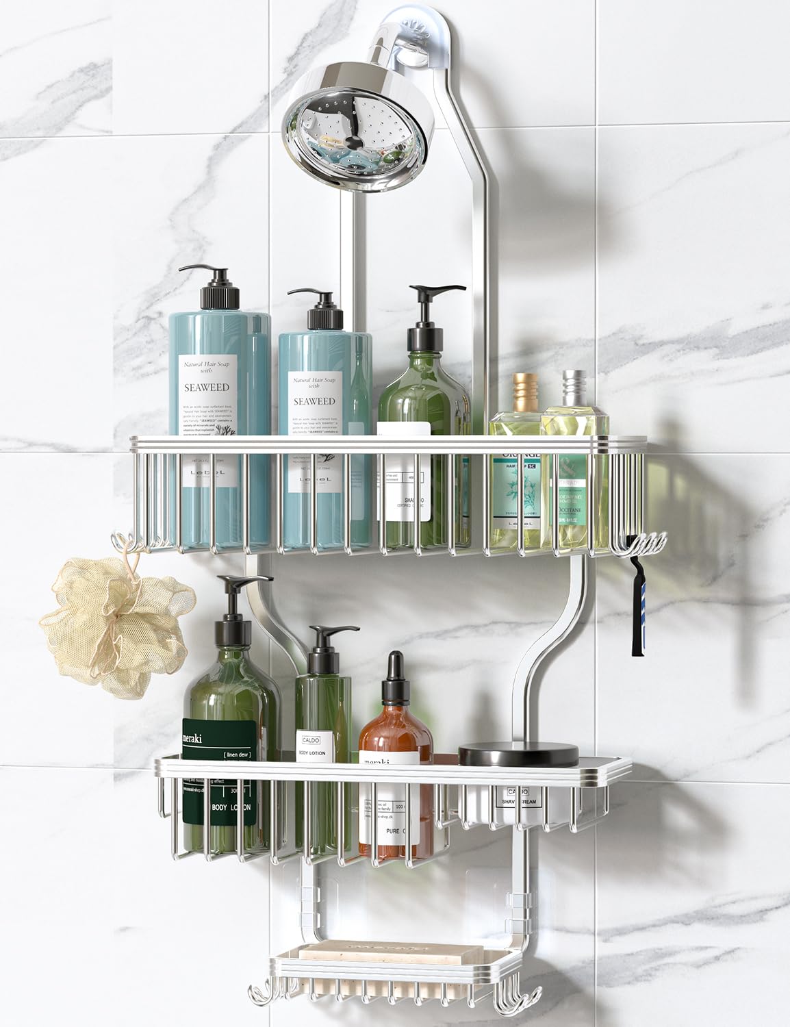 Aluminum Hanging Shower Caddy with Hooks and Soap Holder