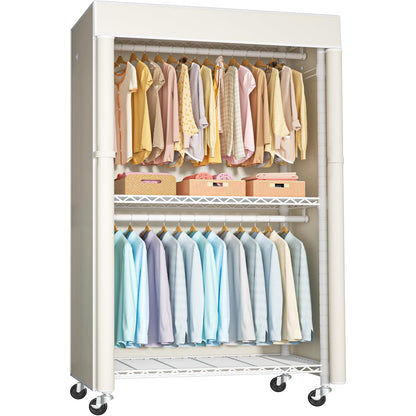 Rolling Garment Rack with Cover, Portable Clothing Storage Wardrobe
