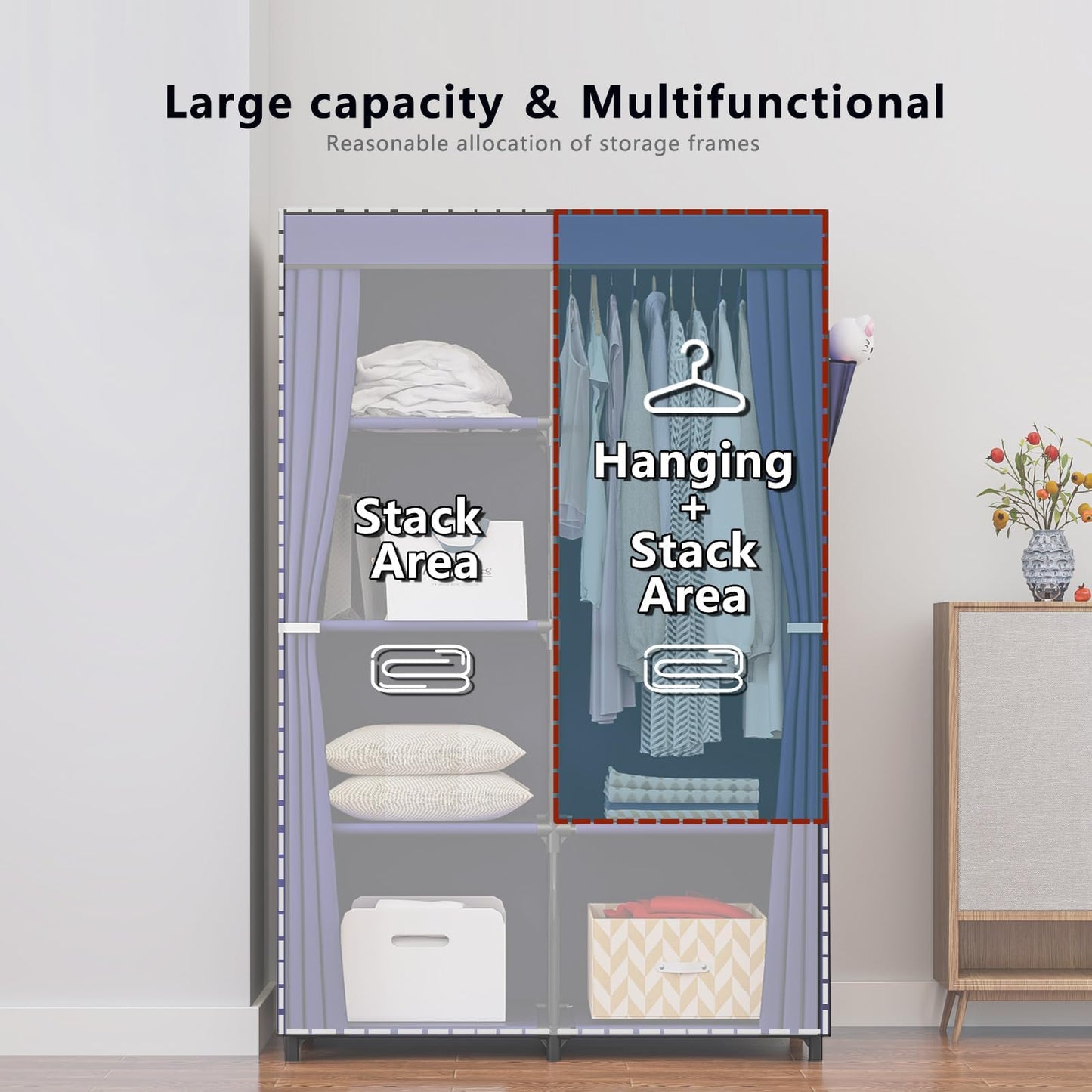 Portable Wardrobe Closet with Metal Hanging Rack Storage