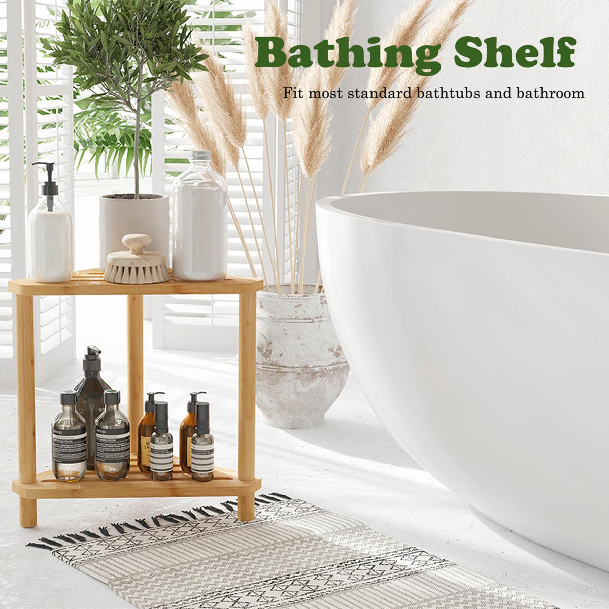 Bamboo Corner Shower Stool with Storage Shelf, 2 Tier Bench
