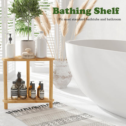Bamboo Corner Shower Stool with Storage Shelf, 2 Tier Bench