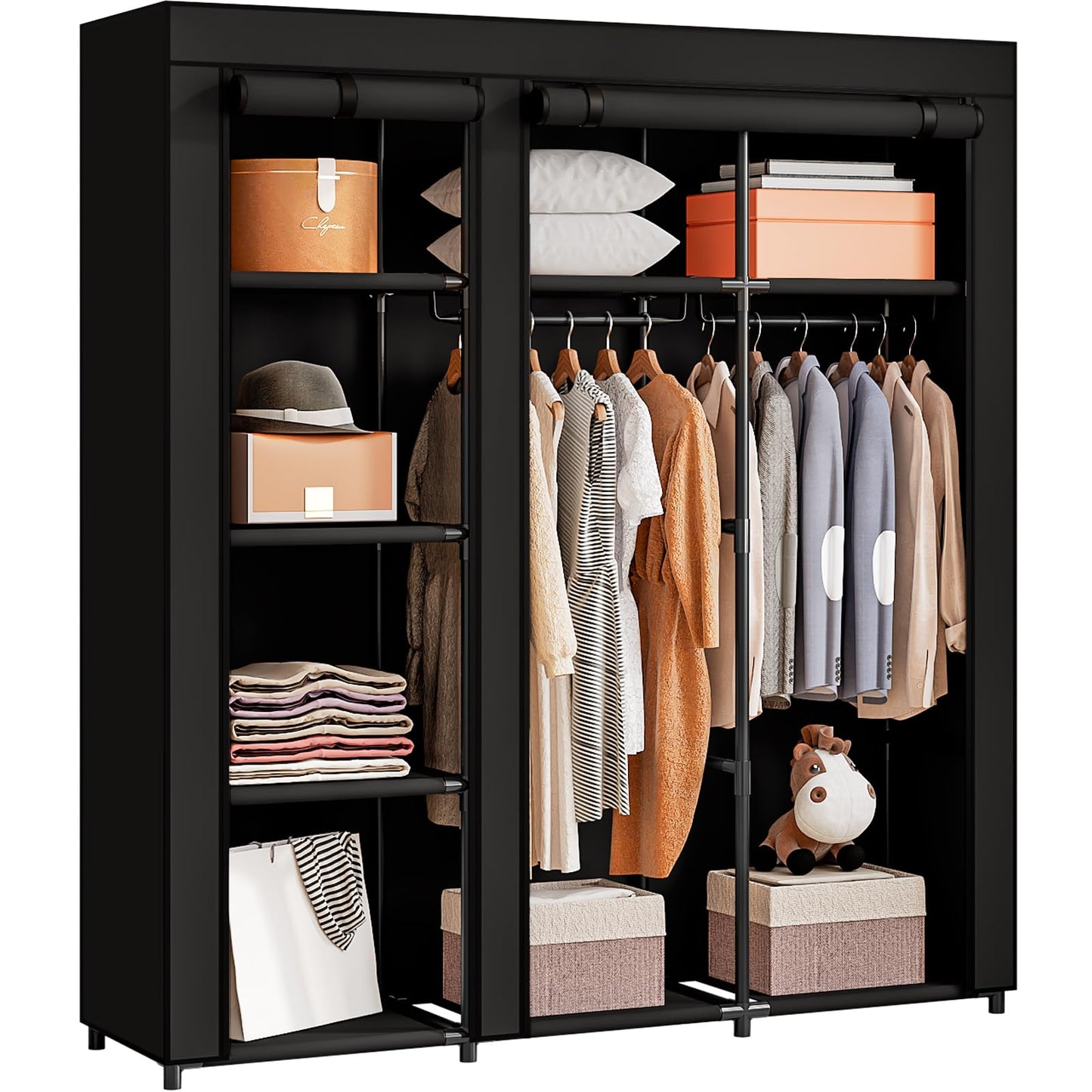 Portable Wardrobe Closet with Metal Hanging Rack Storage