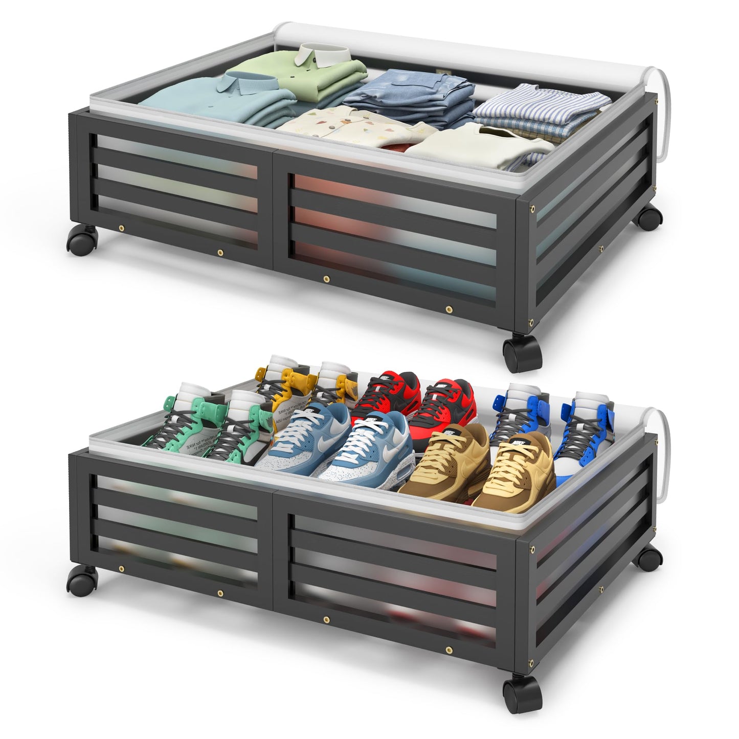 Under Bed Storage Bins with Wheels, Bamboo Shoe Organizer