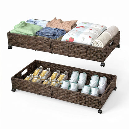 Gvztxoe Handwoven Rattan Underbed Storage with Wheels