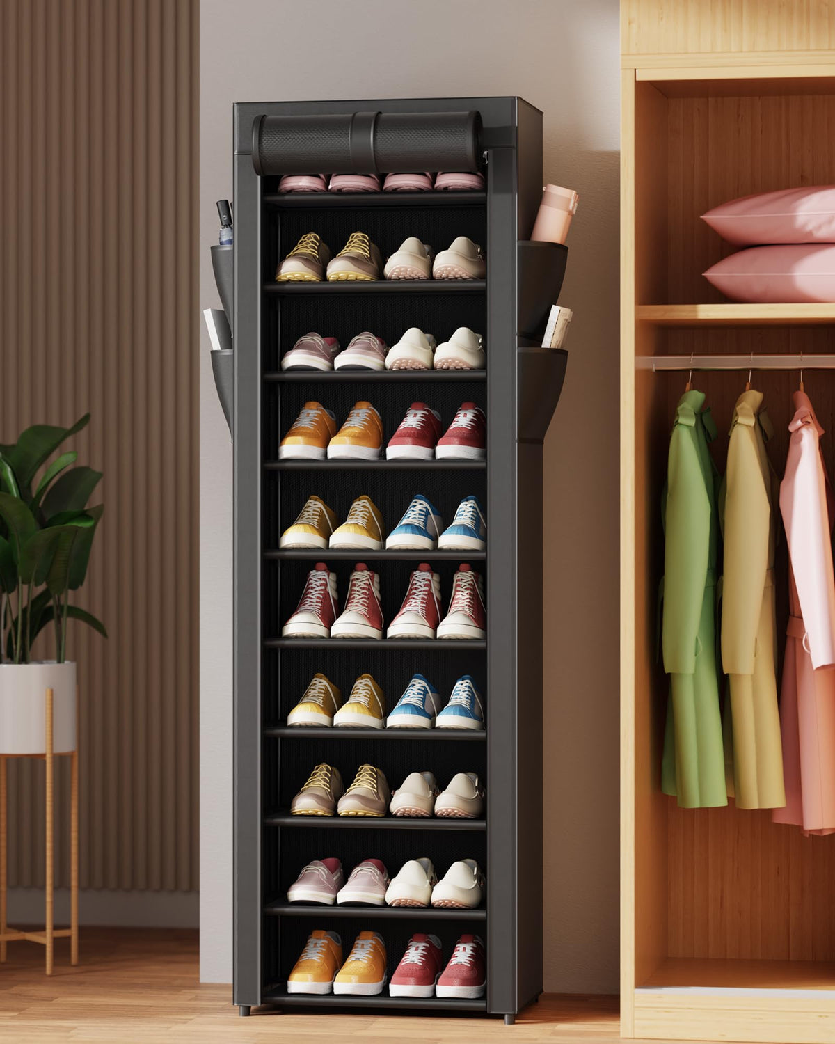 Kitsure 10-Tier Shoe Rack with Cover, Vertical Shelf