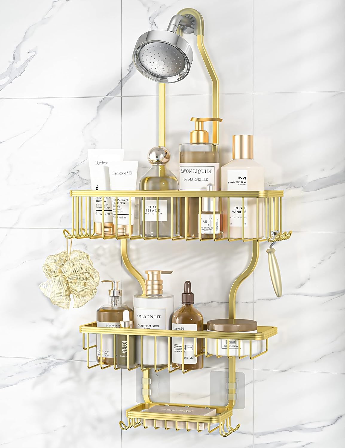 Aluminum Hanging Shower Caddy with Hooks and Soap Holder