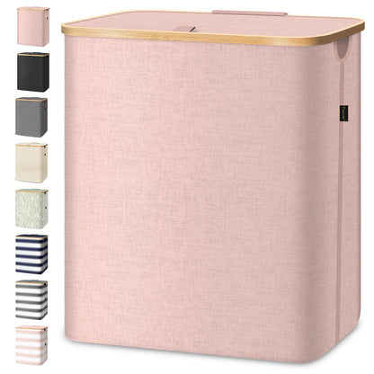 Laundry Hamper with Lid and Bamboo Handles, Tall Storage Basket