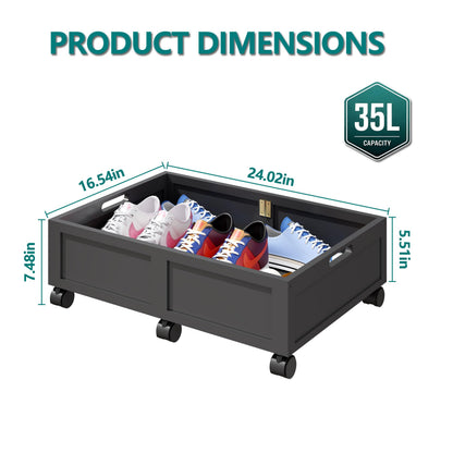 Wood Under Bed Storage Containers with Wheels, Rolling Shoe Organizer