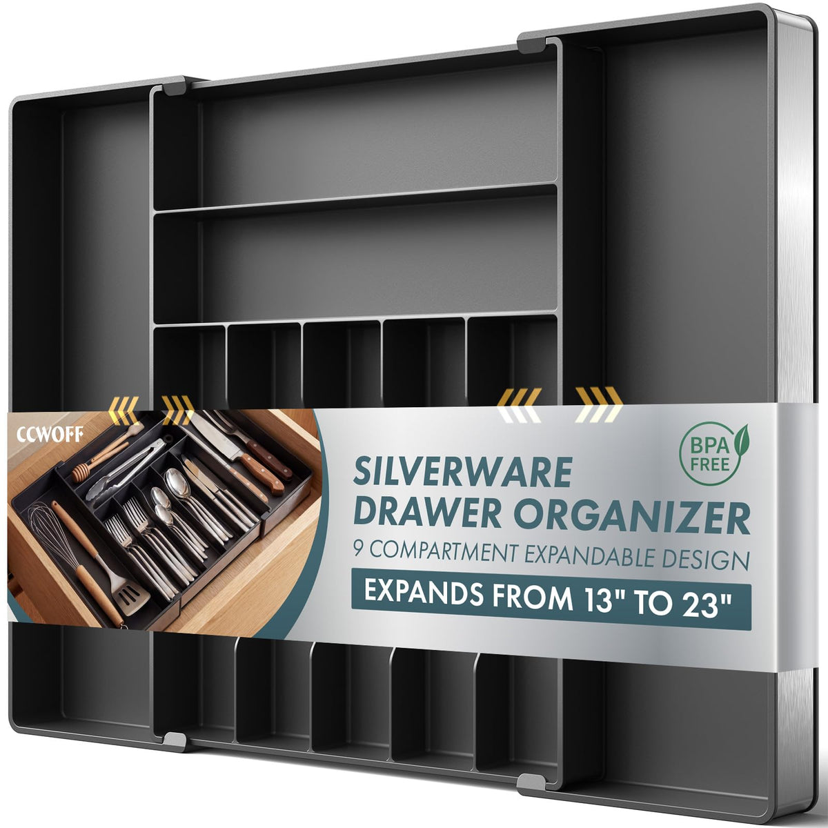 Expandable Silverware Organizer, 9 Slot Utensil Drawer Tray