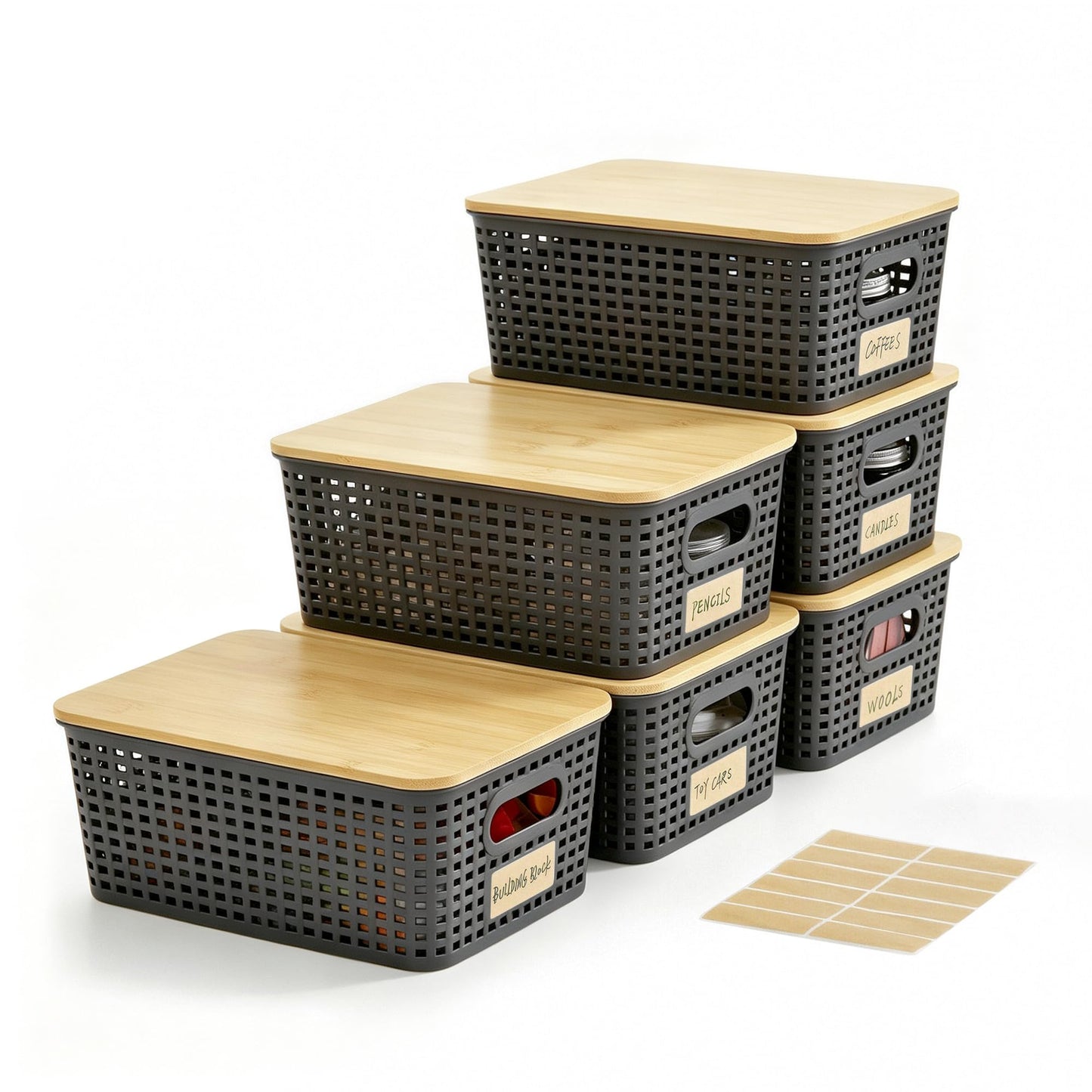 Plastic Storage Bins with Bamboo Lids, Stackable Organizer Boxes