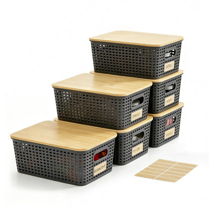 Plastic Storage Bins with Bamboo Lids, Stackable Organizer Boxes