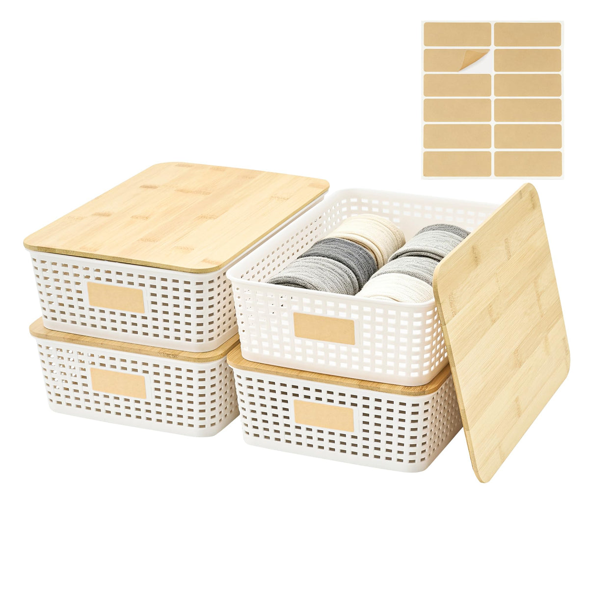 Plastic Storage Bins with Bamboo Lids, Stackable Organizer Boxes