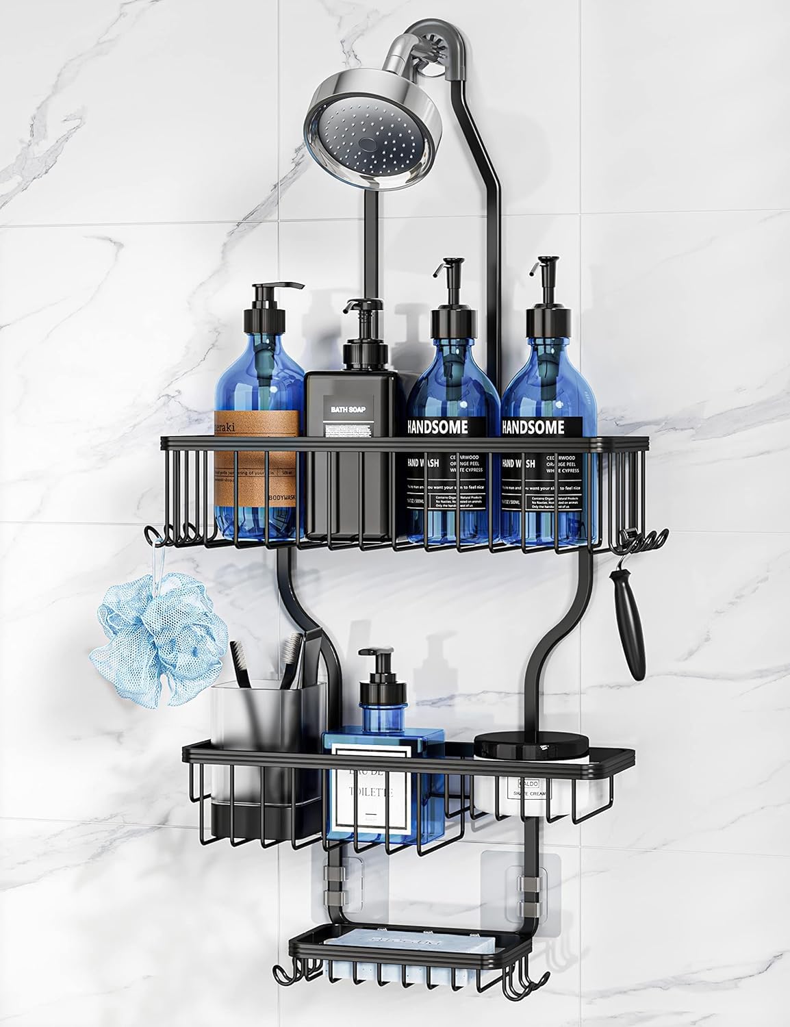 Aluminum Hanging Shower Caddy with Hooks and Soap Holder