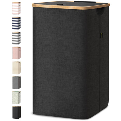 Laundry Hamper with Lid and Bamboo Handles, Tall Storage Basket
