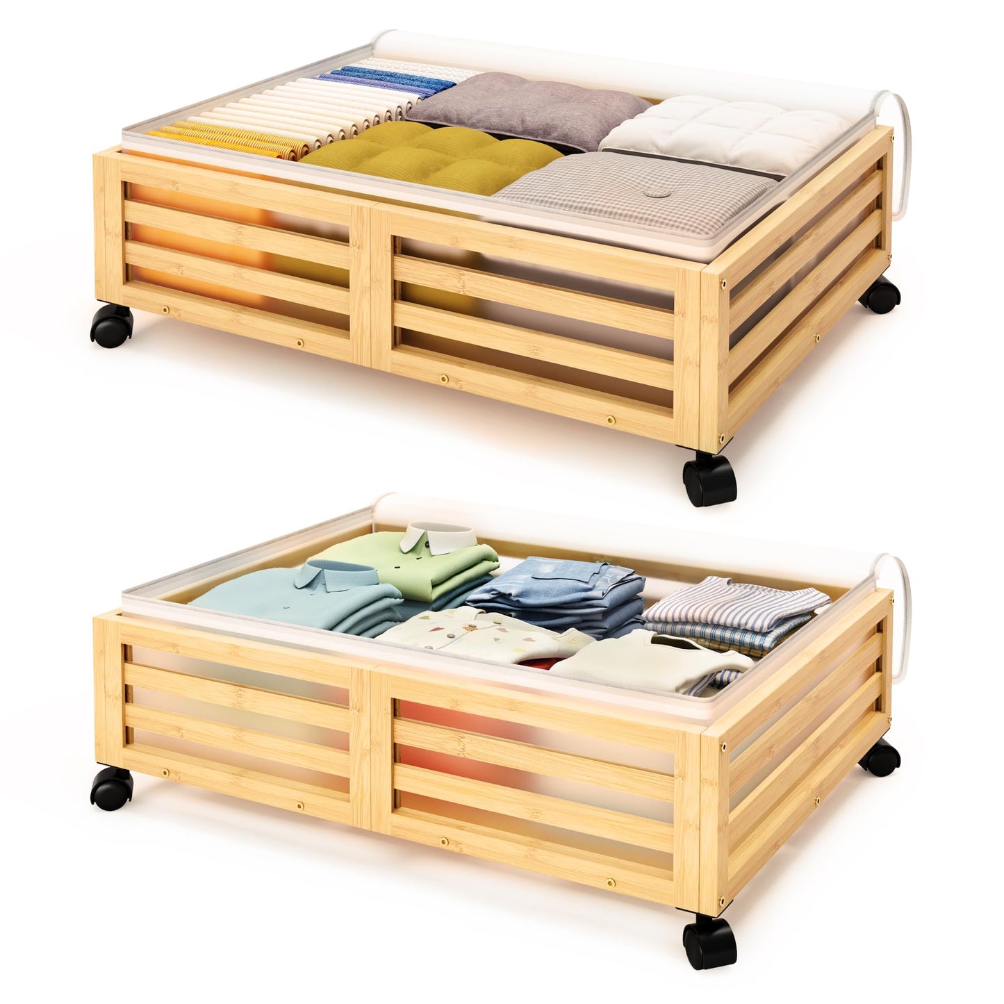 Under Bed Storage Bins with Wheels, Bamboo Shoe Organizer