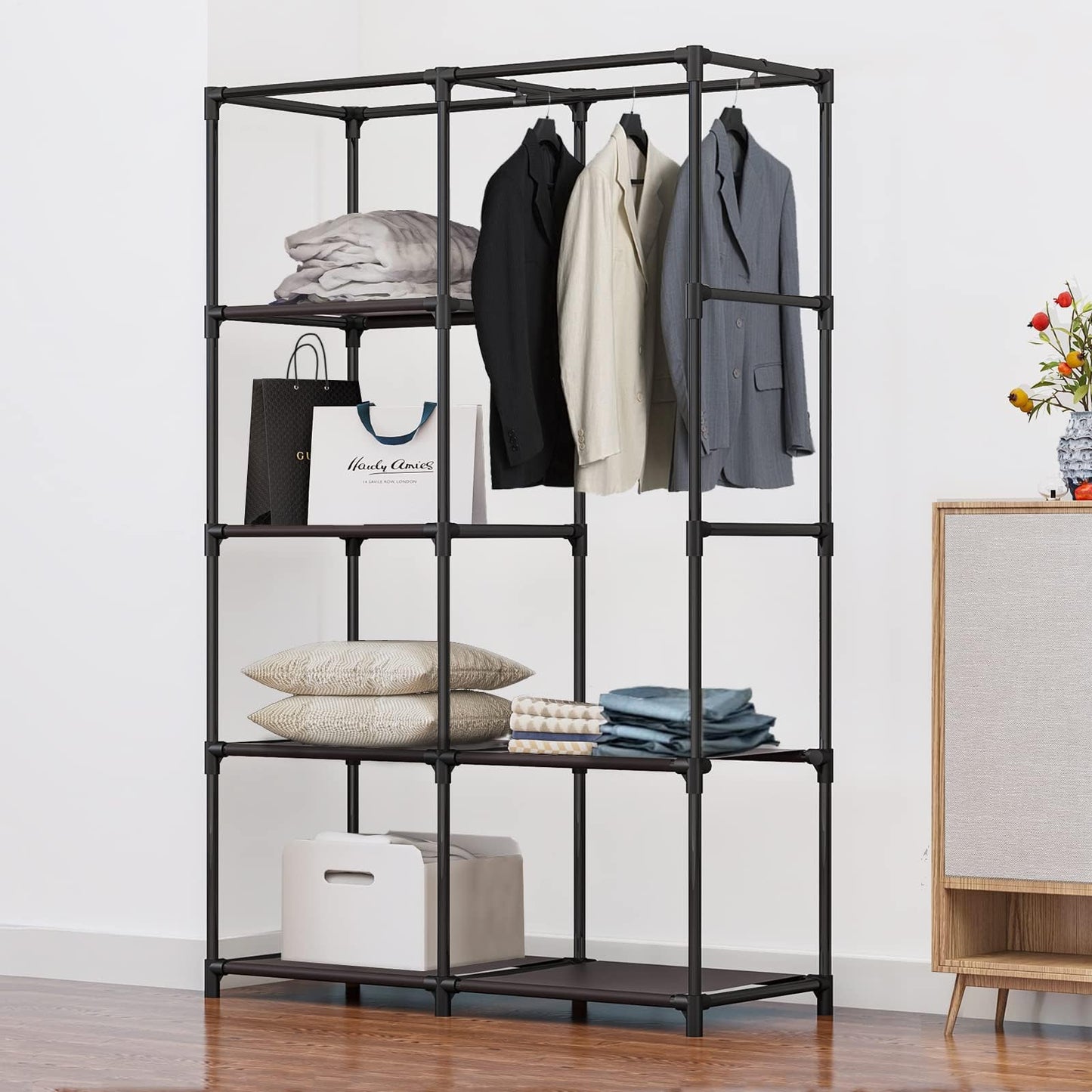 Portable Wardrobe Closet with Metal Hanging Rack Storage