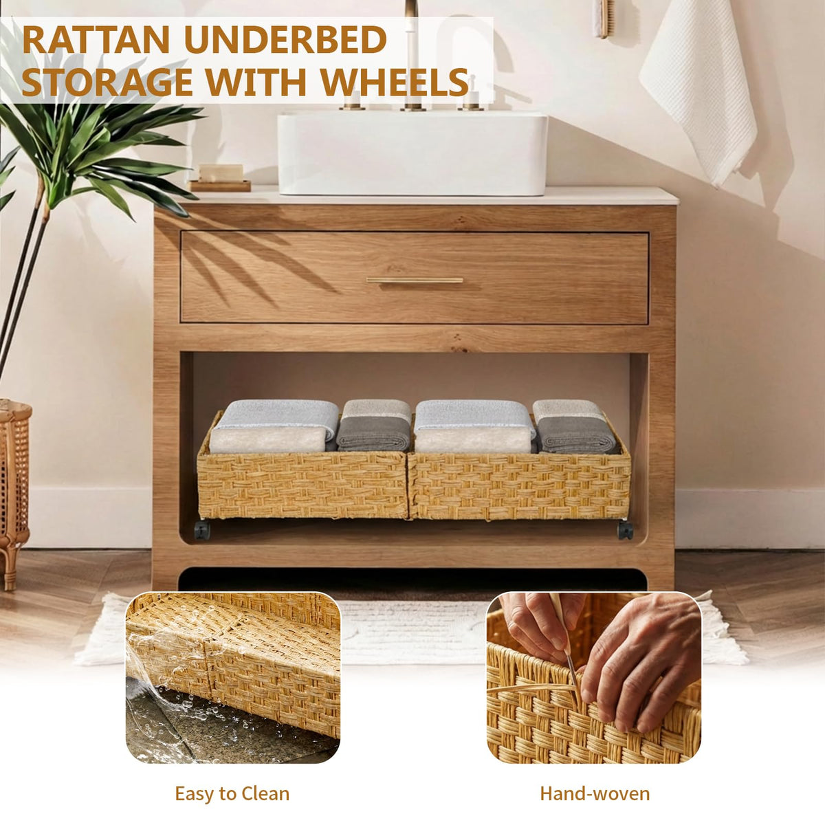 Gvztxoe Handwoven Rattan Underbed Storage with Wheels