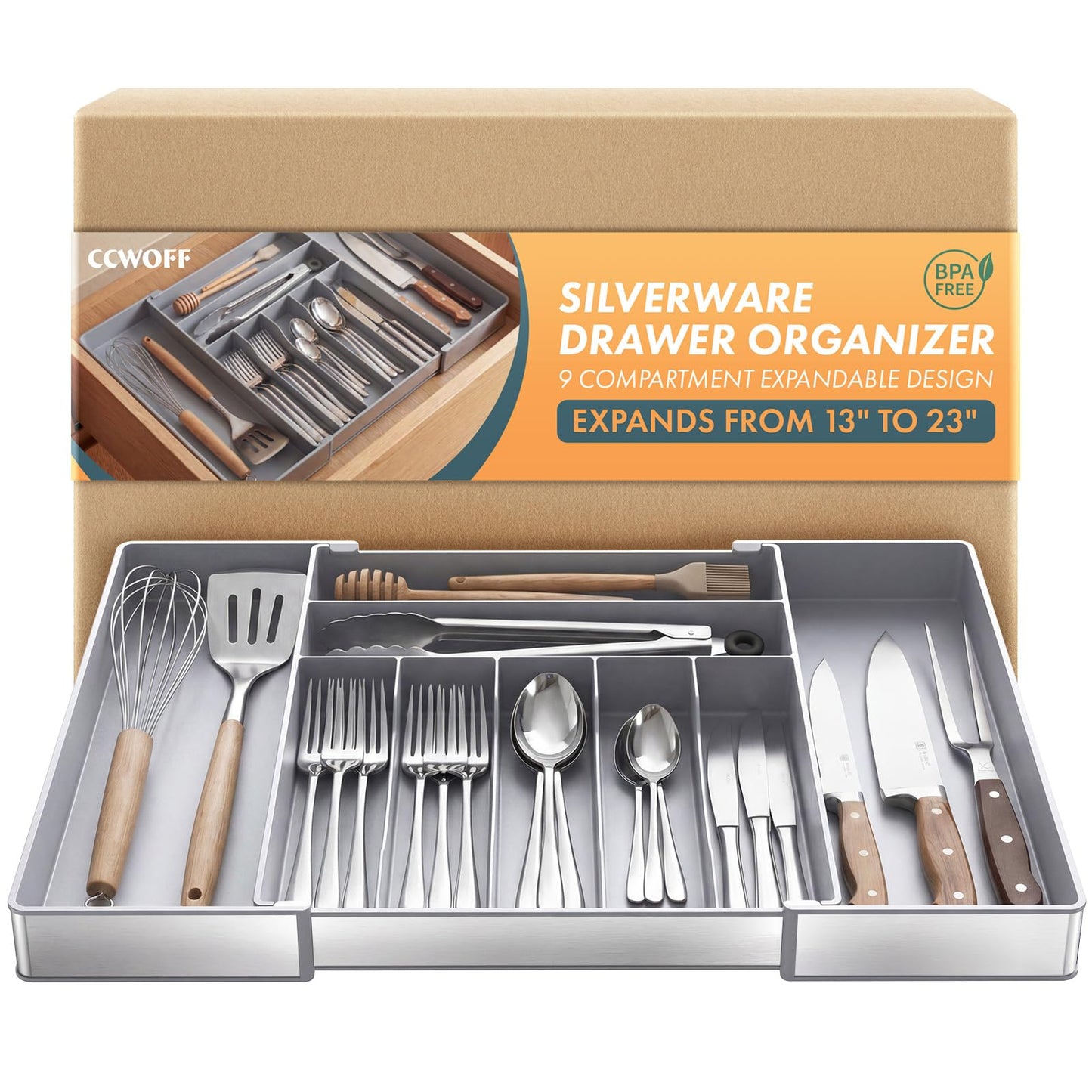 Expandable Silverware Organizer, 9 Slot Utensil Drawer Tray