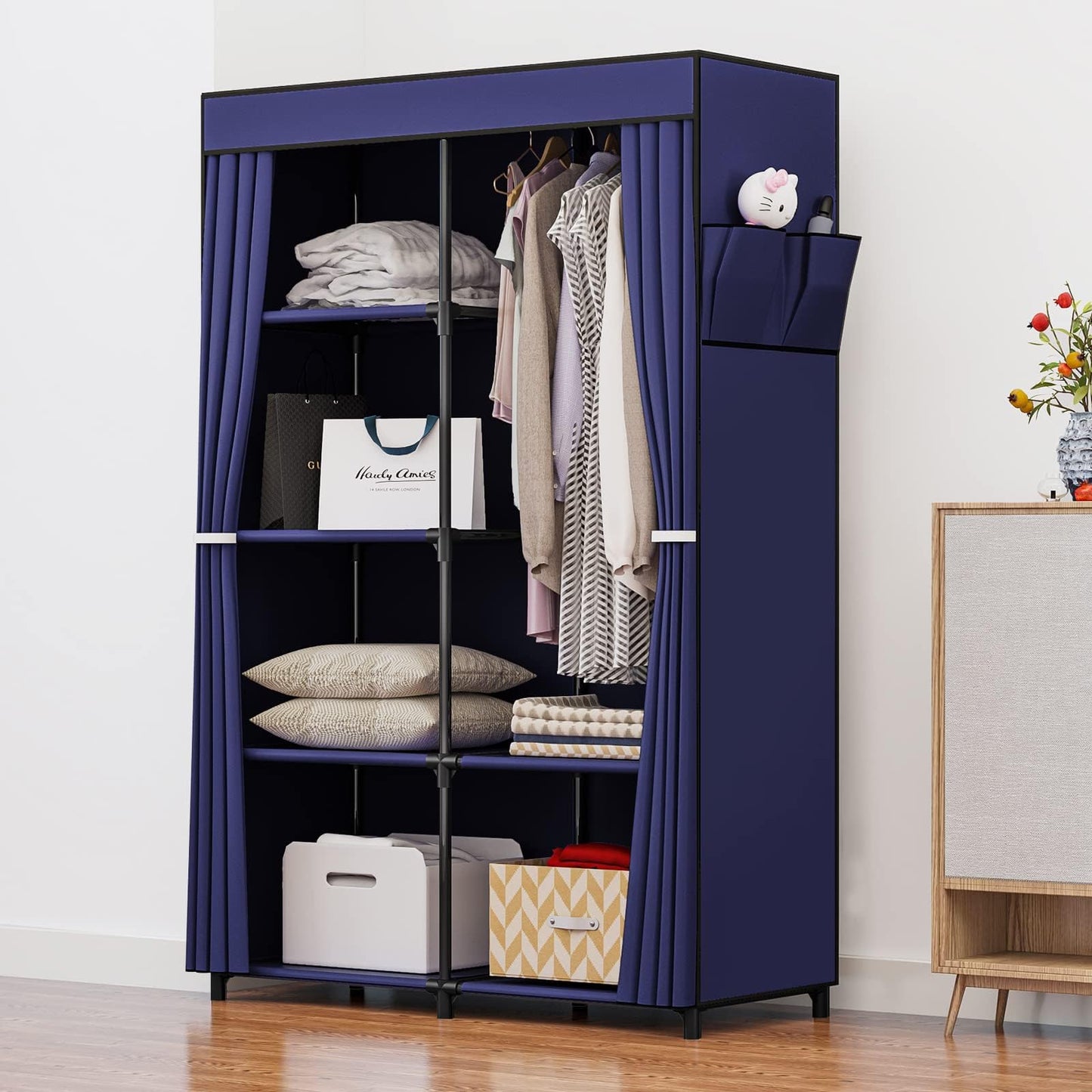 Portable Wardrobe Closet with Metal Hanging Rack Storage