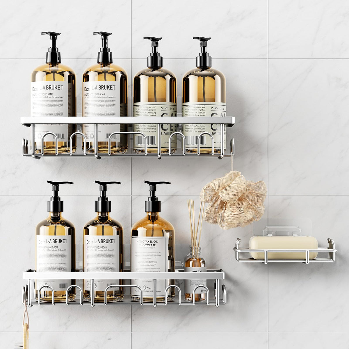 Adhesive Shower Caddy with Soap Holder, Rustproof Bathroom Shelf