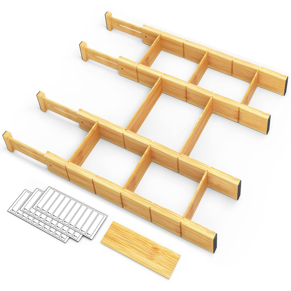 Bamboo Drawer Dividers with Labels, Adjustable Organizer Inserts