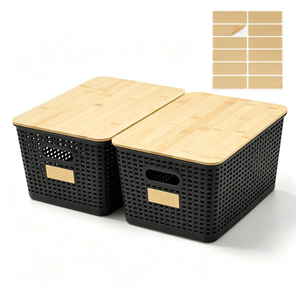 Plastic Storage Bins with Bamboo Lids, Stackable Organizer Boxes