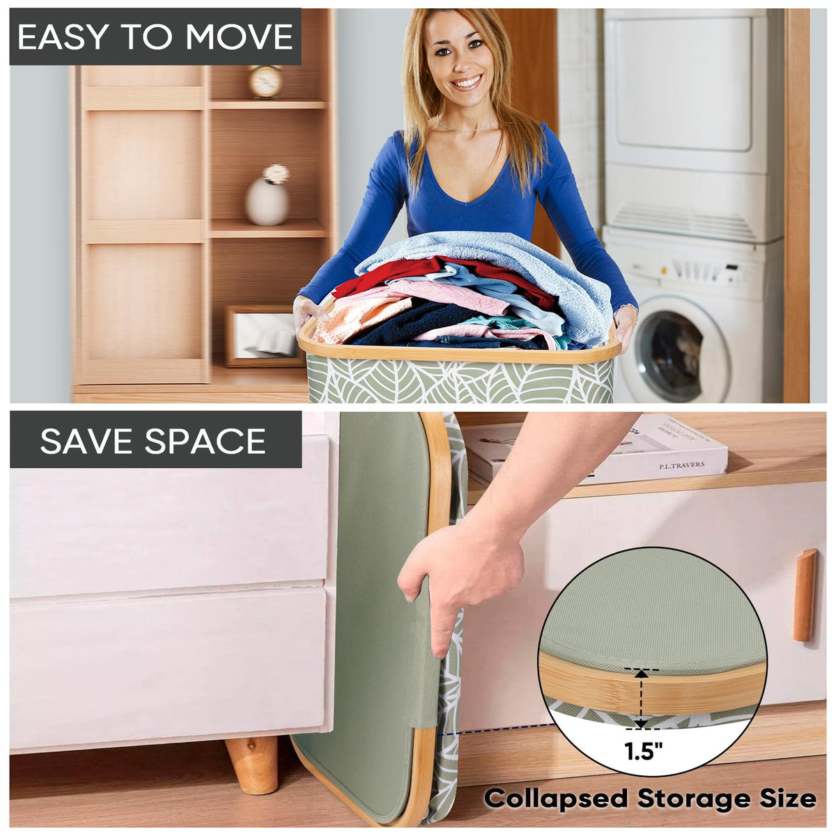Laundry Hamper with Lid and Bamboo Handles, Tall Storage Basket
