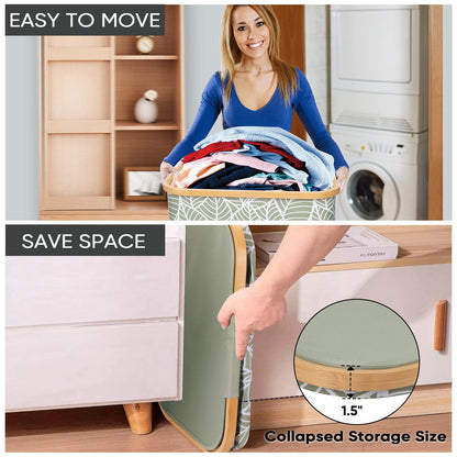 Laundry Hamper with Lid and Bamboo Handles, Tall Storage Basket