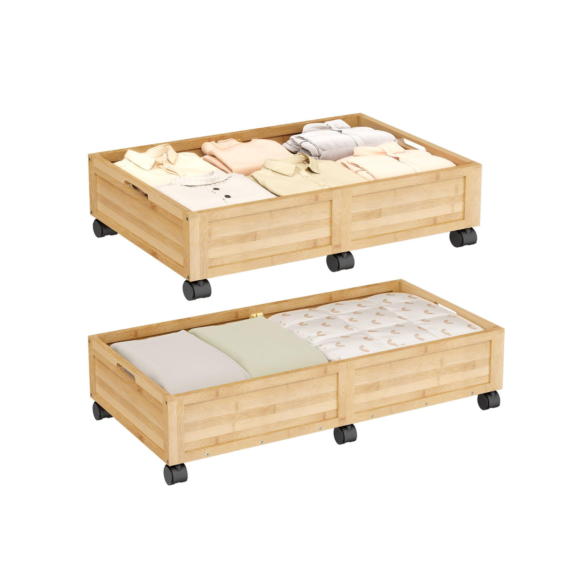 Wood Under Bed Storage Containers with Wheels, Rolling Shoe Organizer