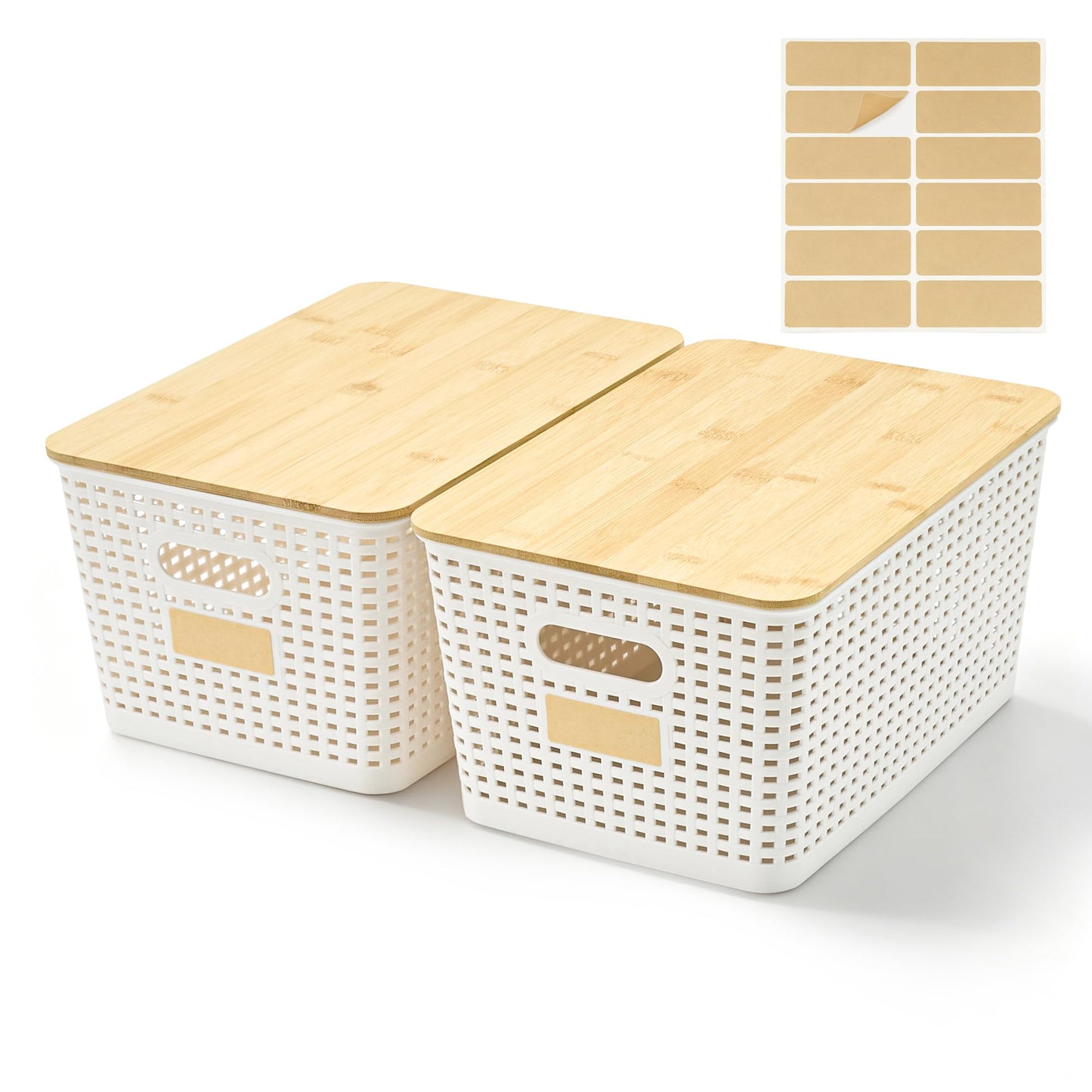 Plastic Storage Bins with Bamboo Lids, Stackable Organizer Boxes