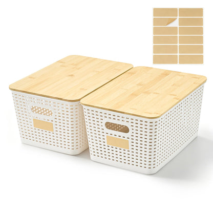 Plastic Storage Bins with Bamboo Lids, Stackable Organizer Boxes