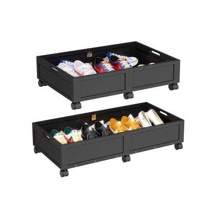 Wood Under Bed Storage Containers with Wheels, Rolling Shoe Organizer